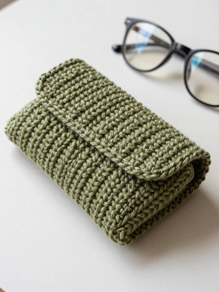 Green knitted rectangular pouch with flap next to black-framed glasses on a white table.
