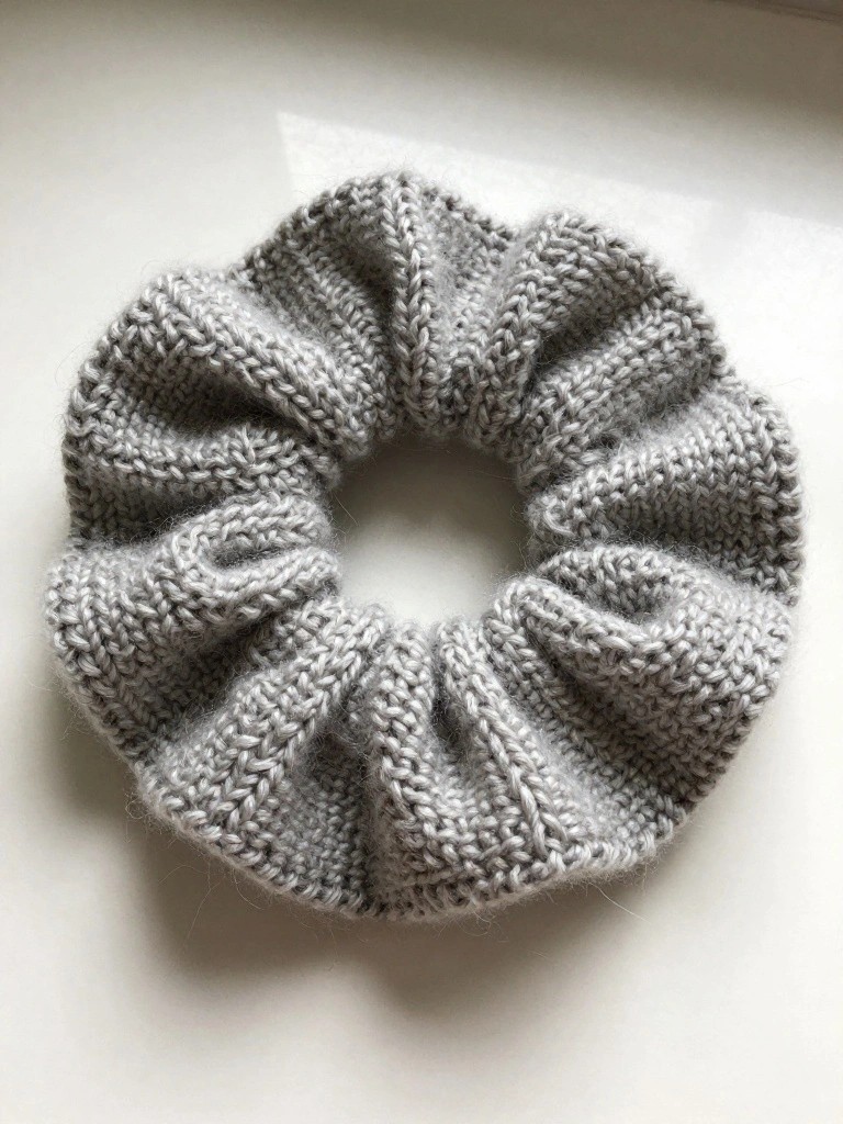 A gray fuzzy knitted scrunchie with ruffled folds forms a circle on a white surface.