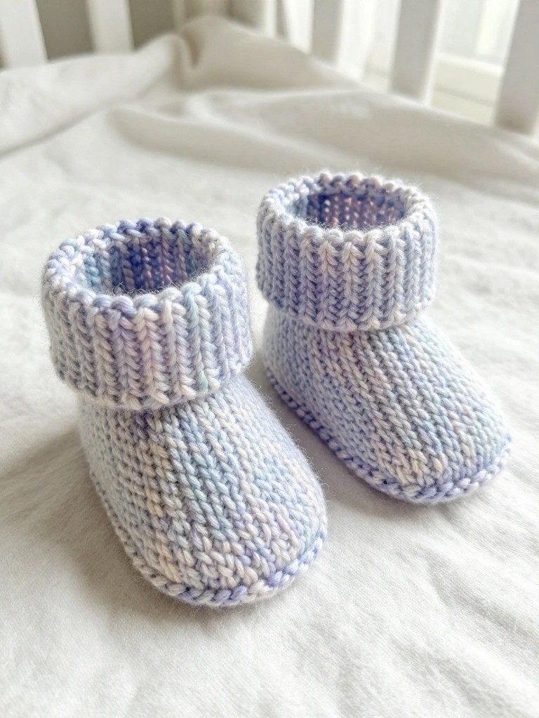 A pair of small knitted baby booties in variegated blue yarn with ribbed cuffs, placed on a white blanket inside a crib.