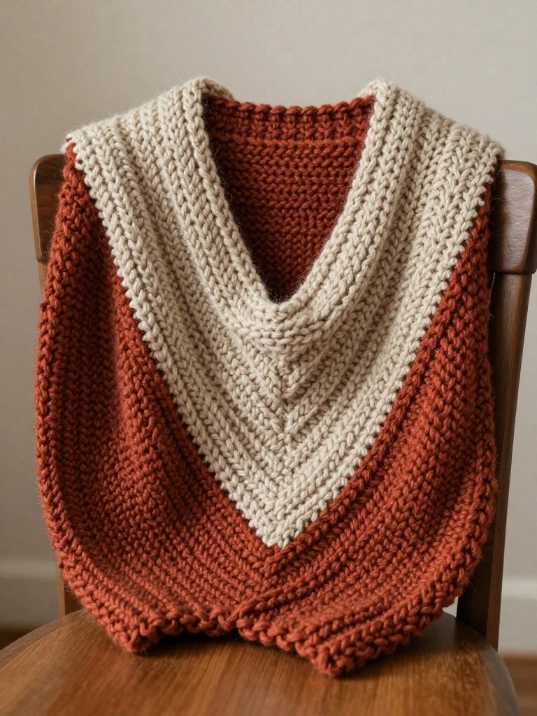 Rust orange knitted wrap with cream V-shaped front panel draped over a wooden chair.