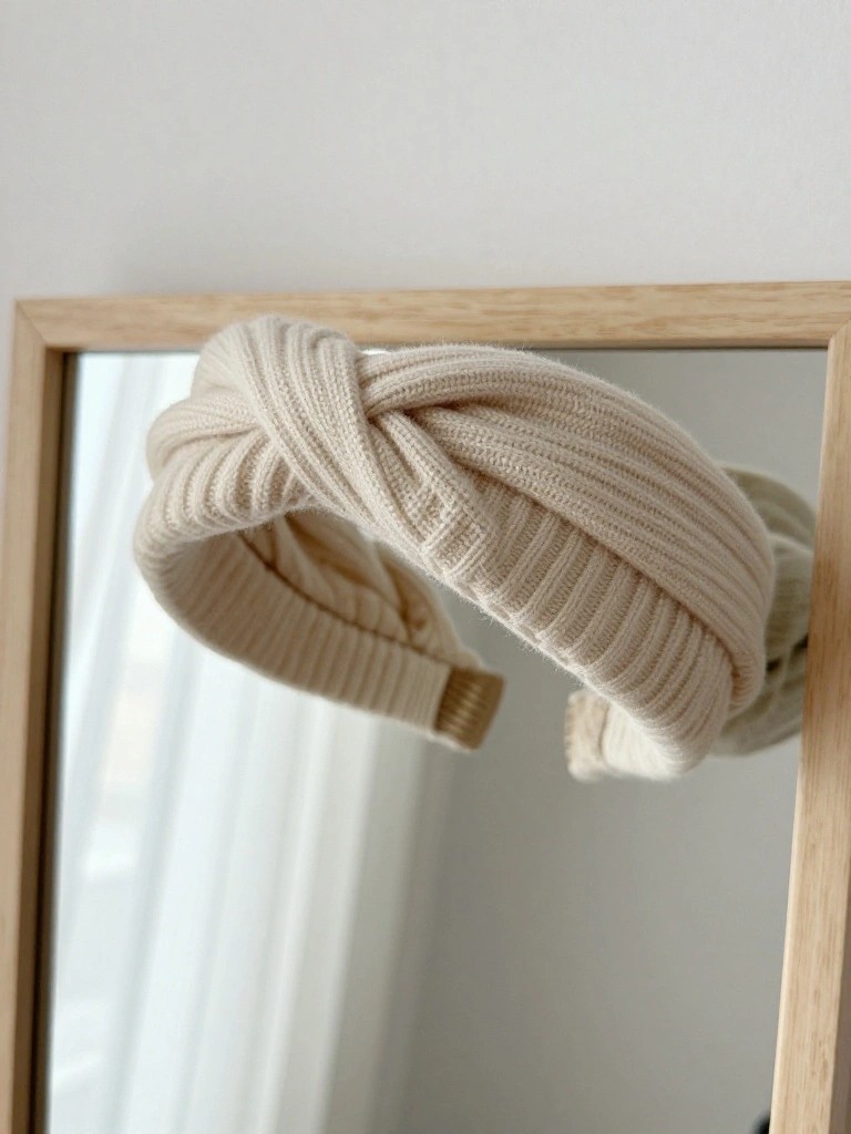 A cream-colored rib-knitted headband with a central twisted knot sits against a mirror in a wooden frame.