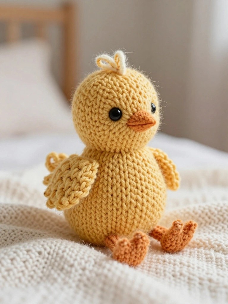 Small yellow knitted chick plush toy with black bead eyes, orange beak and feet, on a white bed.