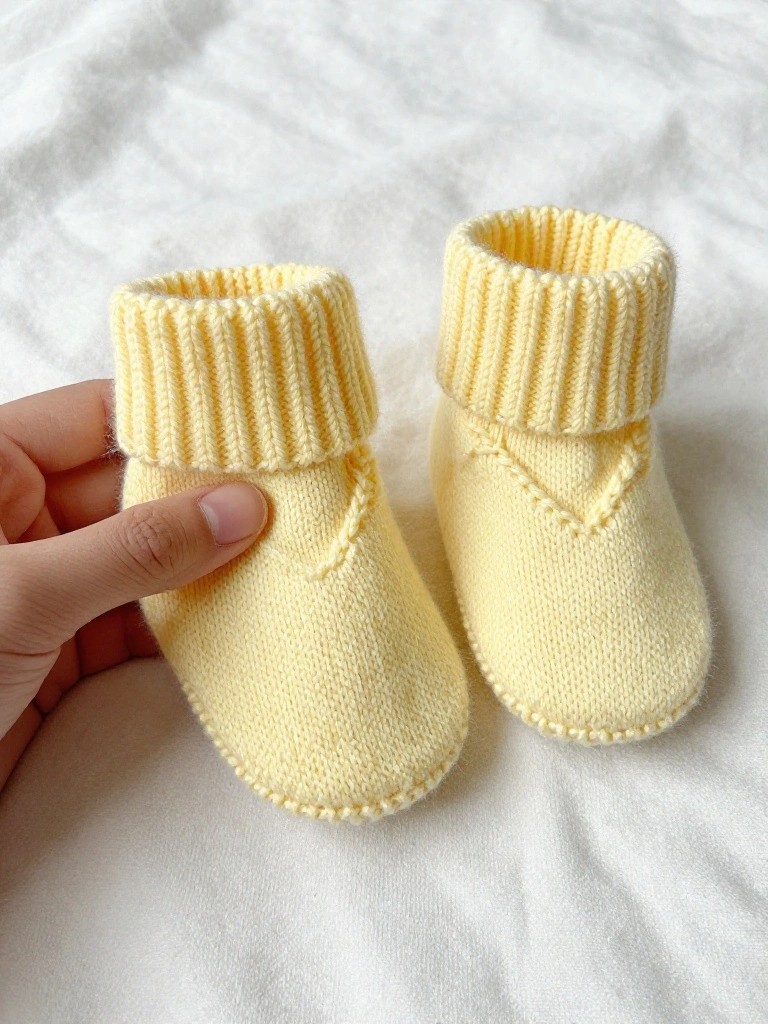 Pair of pale yellow knitted baby booties with tall ribbed cuffs and V-shaped instep panels on a white blanket.