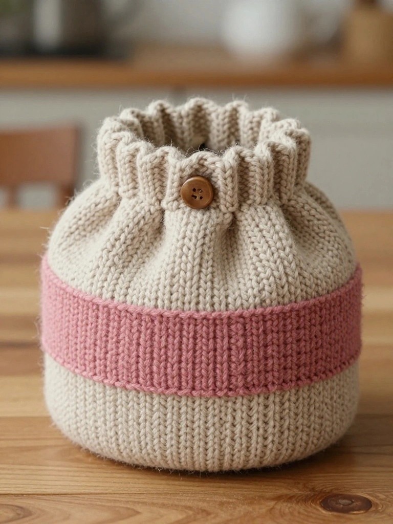 A cream fuzzy knitted drawstring bag with pink striped band and ruffled top sits on a wooden table.