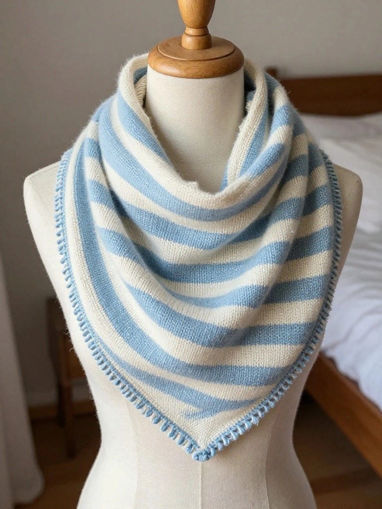 Blue and white diagonally striped knitted scarf with fringe edges draped on a wooden mannequin.