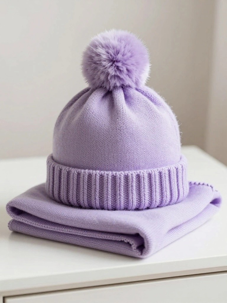 A purple fuzzy knitted beanie with a large pom-pom on top sits on a folded matching purple knitted scarf on a white surface.