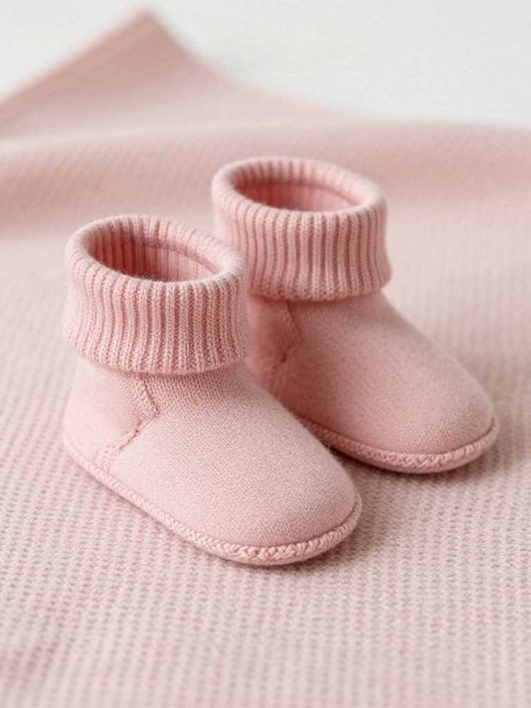 Pair of pale pink fuzzy knitted baby booties with ribbed foldover cuffs on a pink blanket.