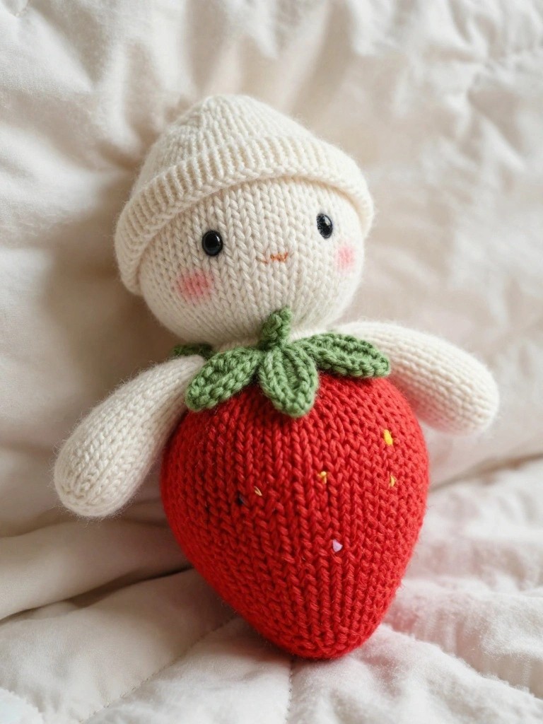 Knitted white plush figure with beanie hat attached to a red strawberry body with green leaves on white bedding.