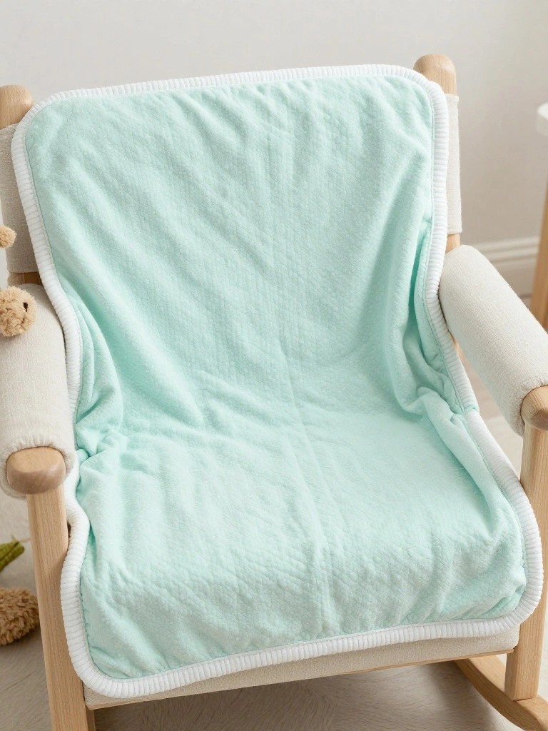 A light green fuzzy knitted blanket with white edging draped over a small wooden rocking chair next to a teddy bear.