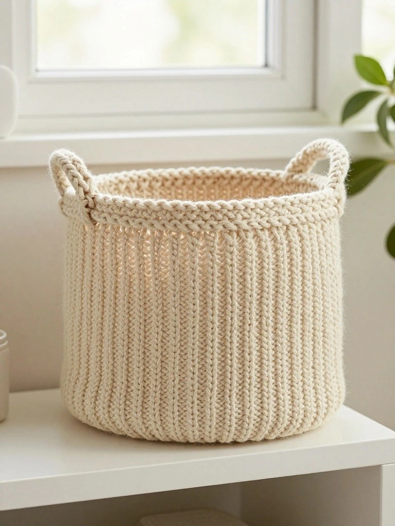 A cream-colored cylindrical knitted basket with ribbed texture and two thick handles sits on a white surface near a window and plants.