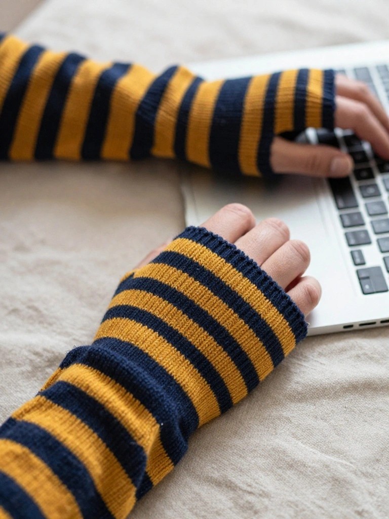Hands in orange and navy striped knitted fingerless mitts typing on a laptop keyboard on a bed.