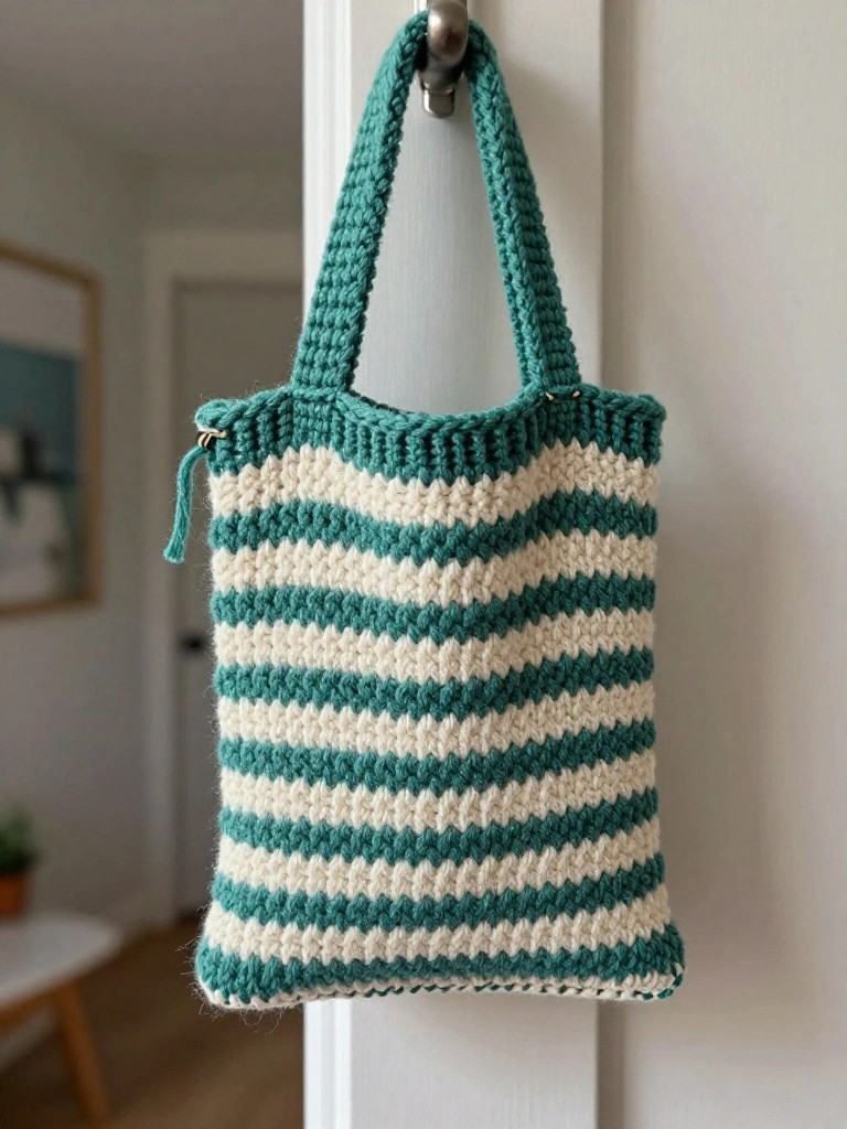 Teal and white striped knitted tote bag with handles, hanging from a door hook in a room.