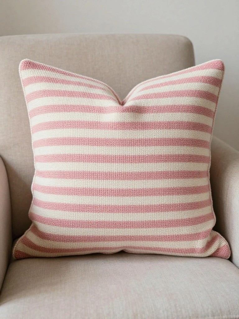 A square pillow cover knitted in pink and white stripes sits on a beige armchair.