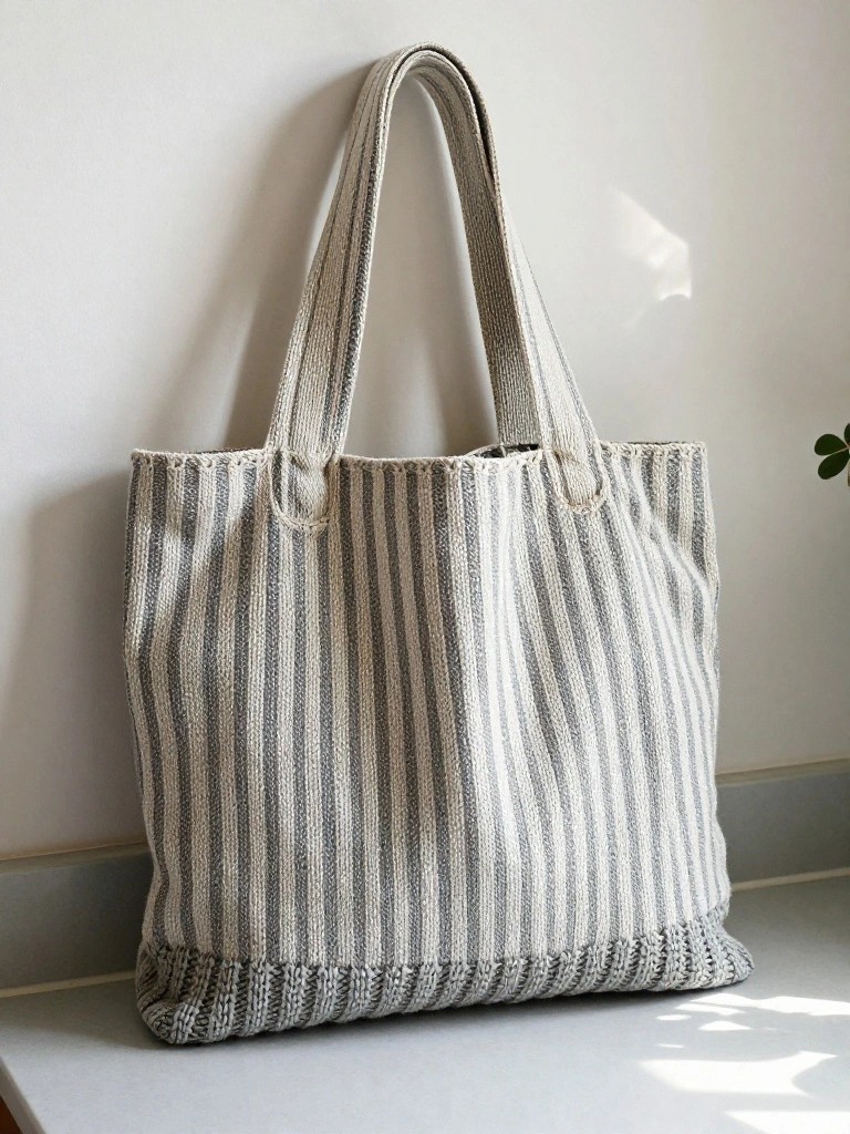Gray and white striped tote bag with ribbed knitted bottom trim and twisted fabric handles hanging on a white wall.