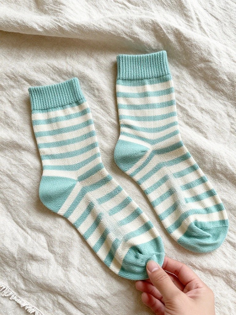 Two ankle-length knitted socks with alternating teal and off-white stripes lie flat on white fabric, with a hand lifting one.