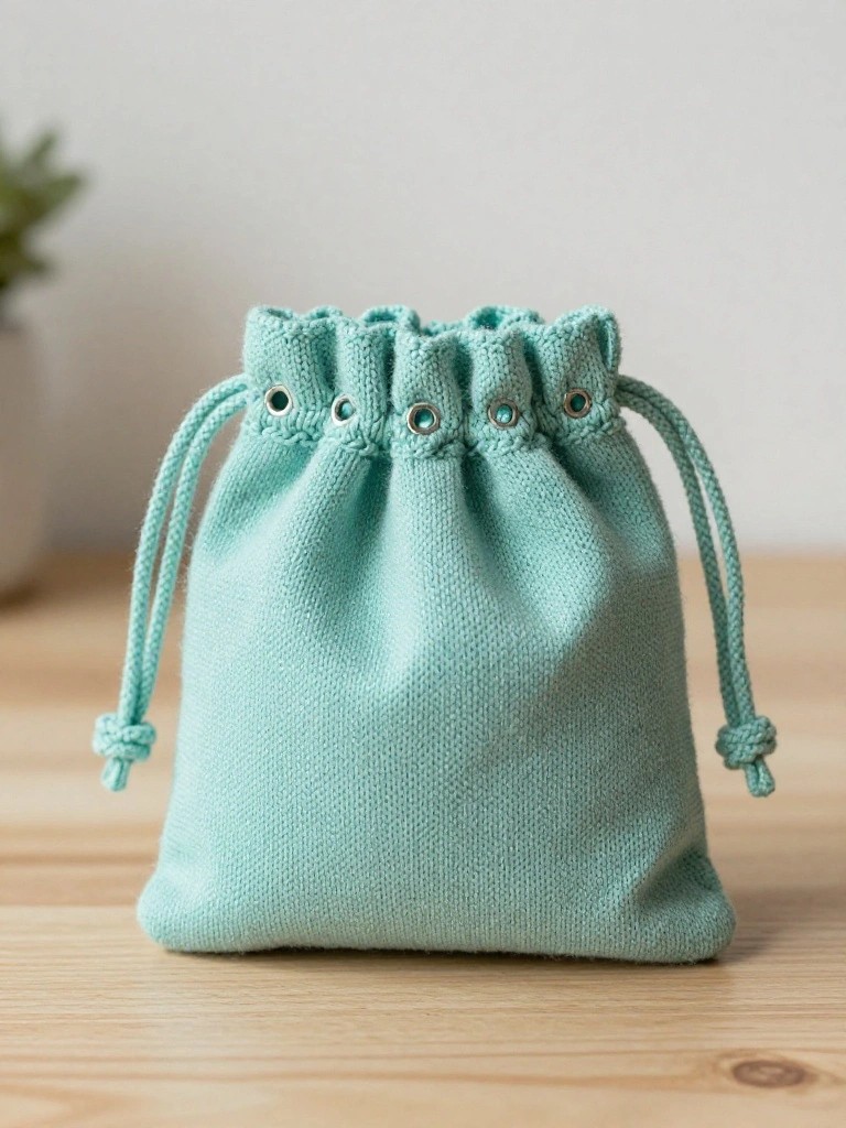 Light turquoise knitted drawstring pouch with eyelets around the gathered top and cords, on a wooden surface next to a plant.