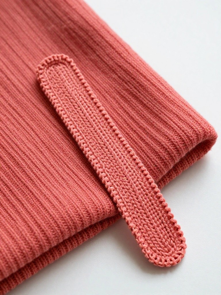 A small, narrow rectangular piece of ribbed knitting in coral color lies next to and on top of a folded swatch of matching ribbed knit fabric.