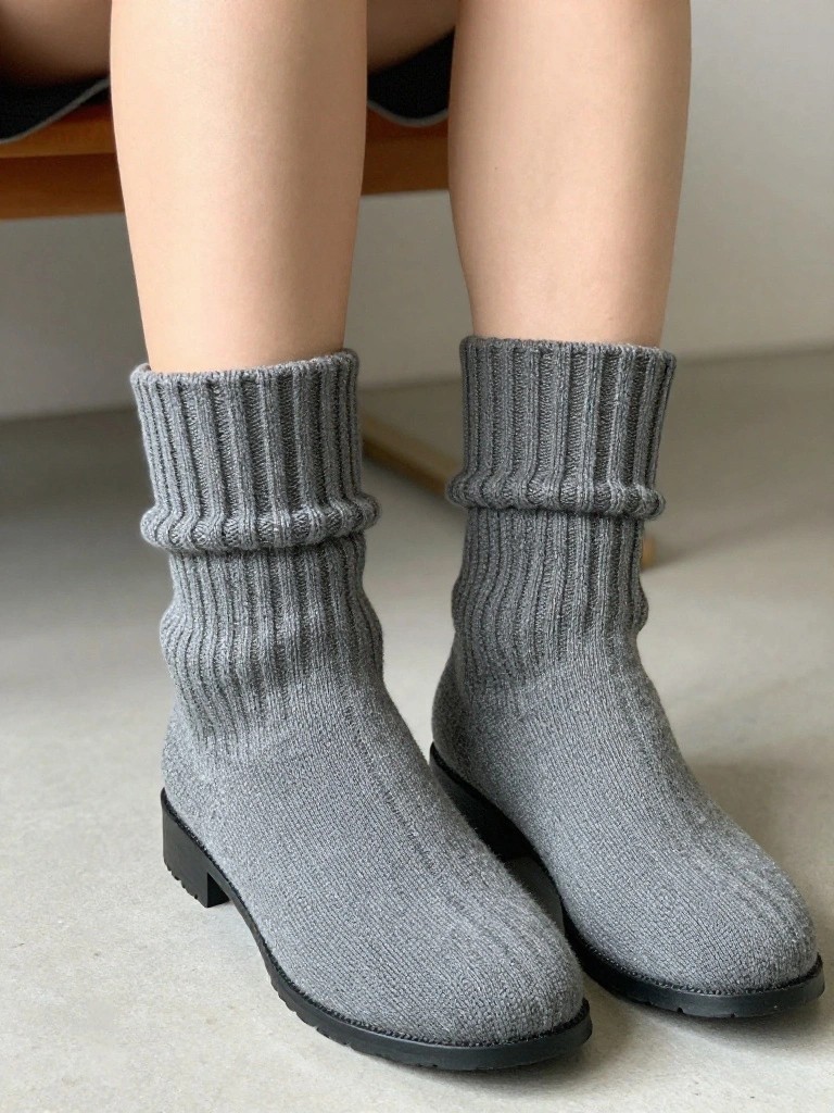 A pair of gray knitted ribbed ankle boots with folded cuffs sits on a light floor next to a chair, worn by bare legs.