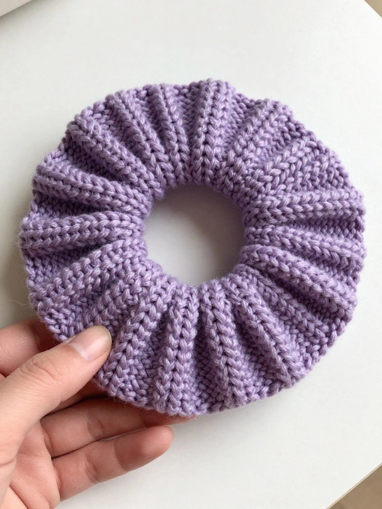 A purple hand-knitted scrunchie with ribbed ruffles held in a hand on a white surface.