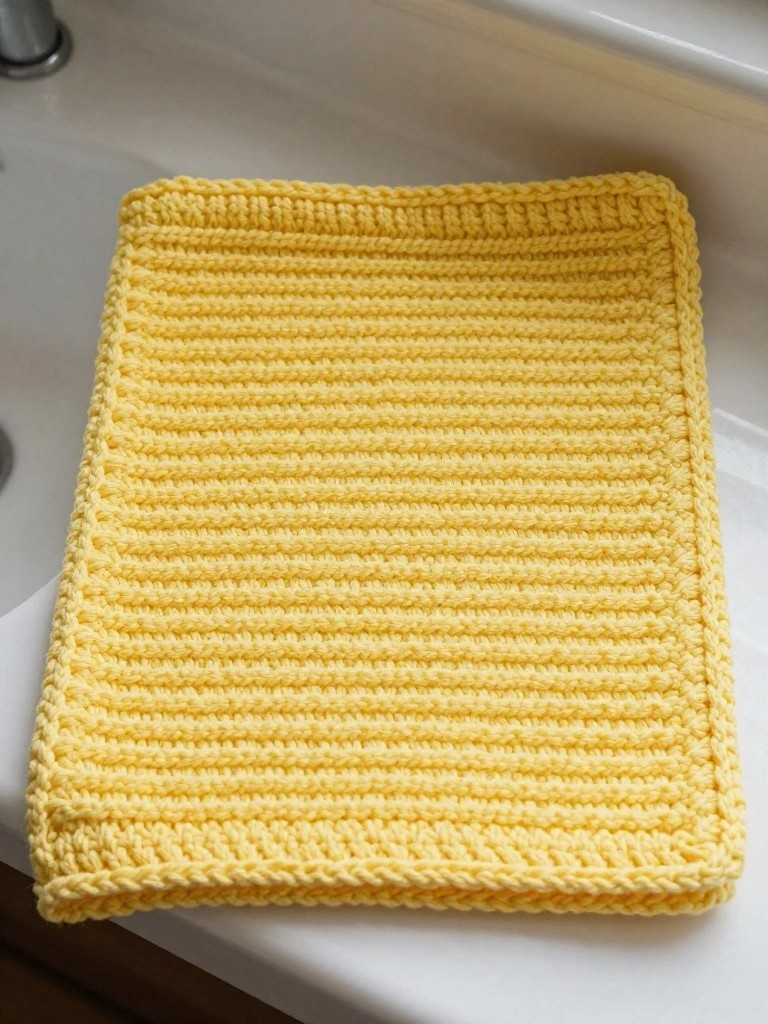 A rectangular yellow knitted dishcloth with horizontal ridges and a border sits on a white sink counter near a chrome faucet.
