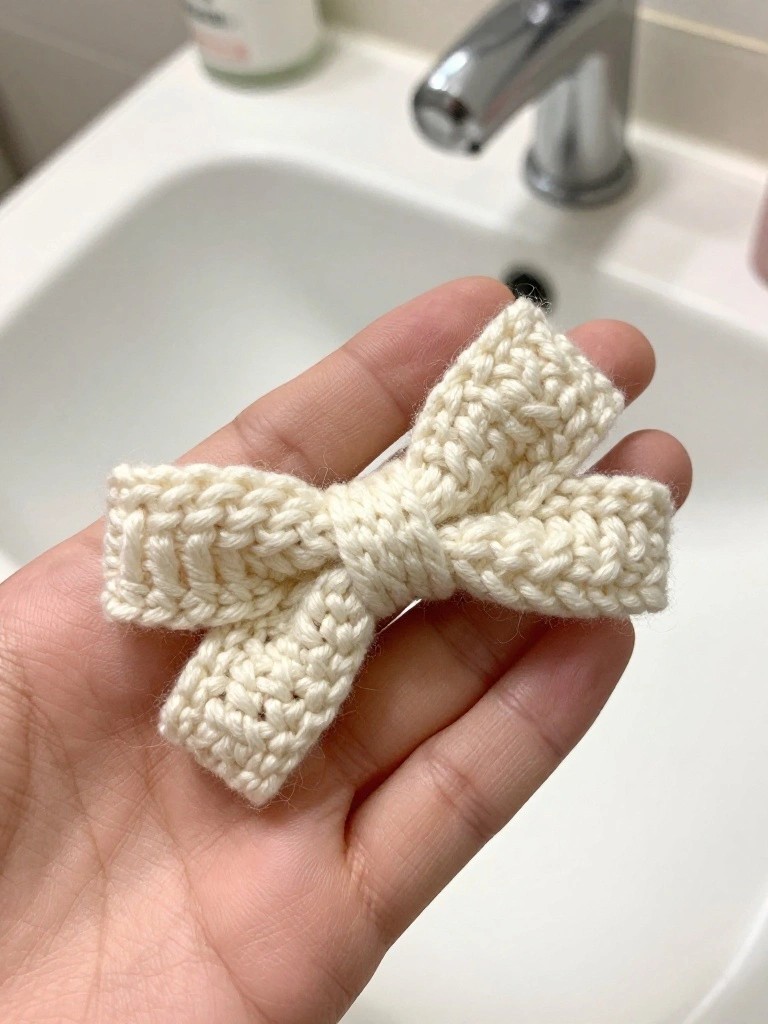A hand holds a small off-white knitted bow with textured stitches over a white bathroom sink.