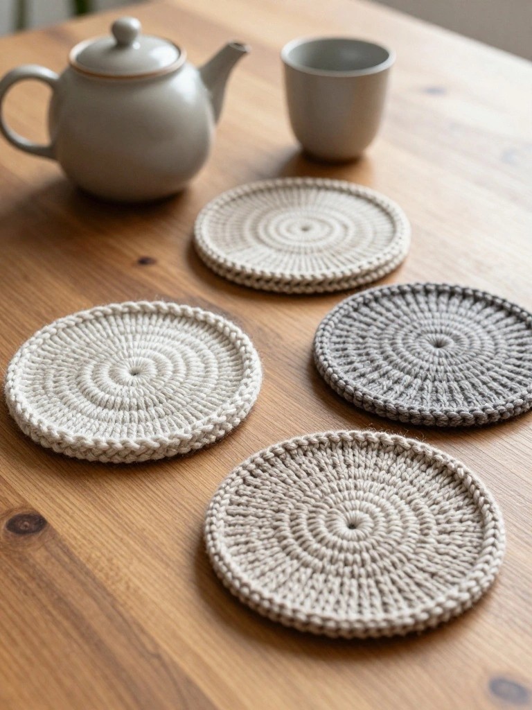 Four round knitted coasters in beige and gray tones sit on a wooden table next to a teapot and cup.