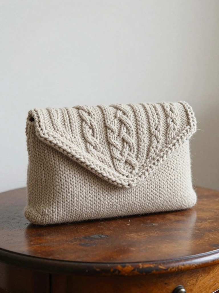 Cream-colored knitted envelope clutch with twisted cable patterns on a wooden table.
