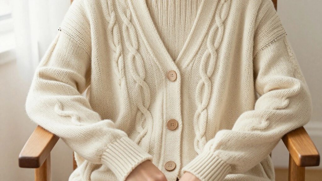 A cream-colored cable-knit v-neck cardigan with wooden buttons draped over a wooden chair by a window.