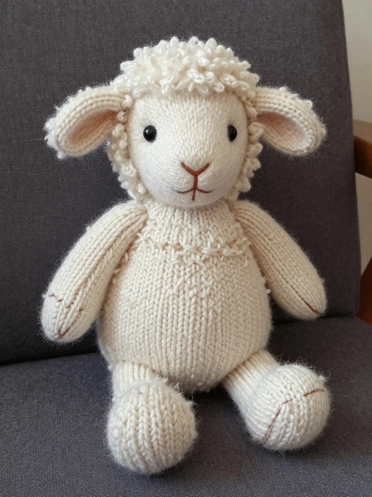 A white knitted sheep plush toy with curly textured fleece, embroidered face, floppy ears, and short legs, sitting on a gray chair.