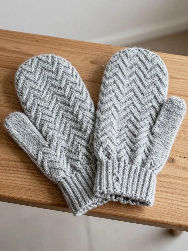 Two light gray knitted mittens featuring zigzag cable patterns rest on a wooden table.