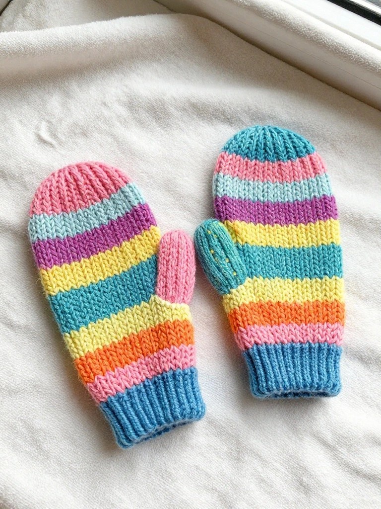 Two knitted mittens in rainbow horizontal stripes with thumbs and ribbed cuffs on a white surface.