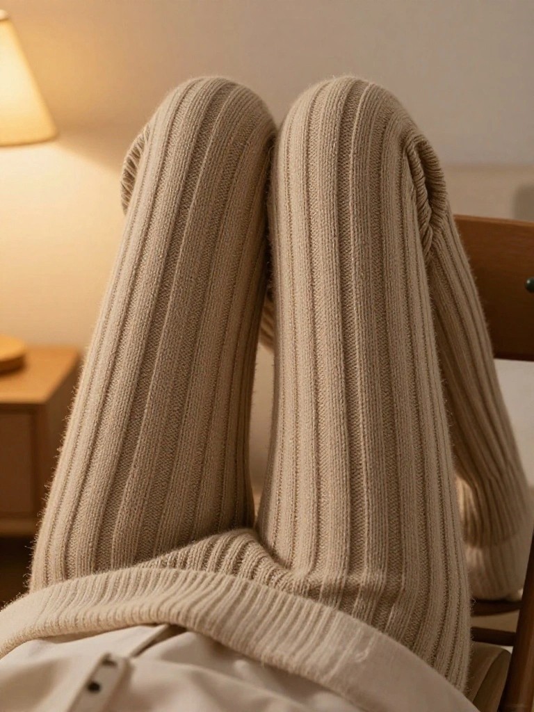 Close-up view of legs wearing beige fuzzy ribbed knit leg warmers while seated on a bed.