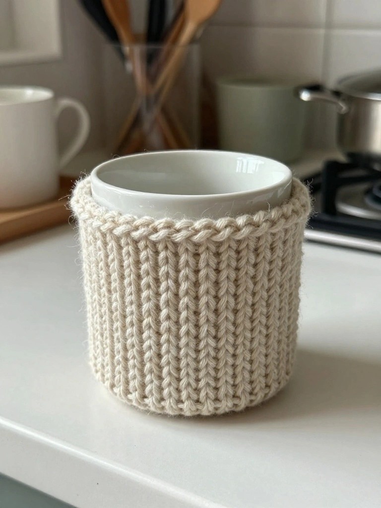 A white ceramic mug wrapped in a creamy chunky knitted textured sleeve on a kitchen counter.
