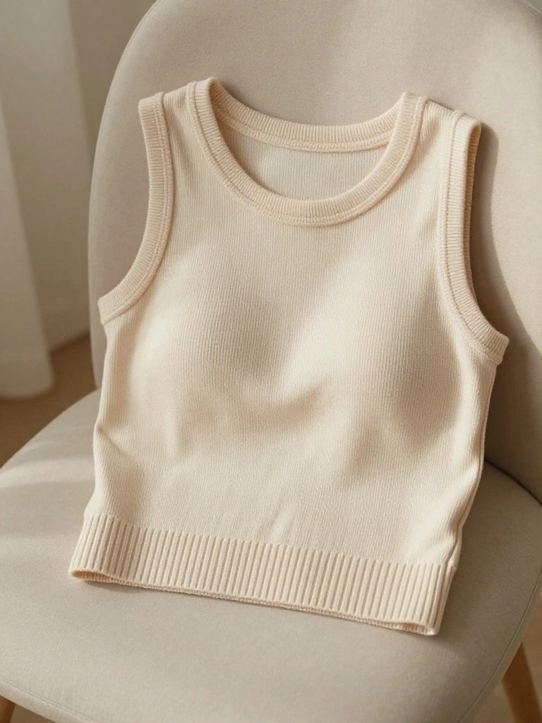 A light beige sleeveless knitted tank top with ribbed edges draped over a beige chair arm.