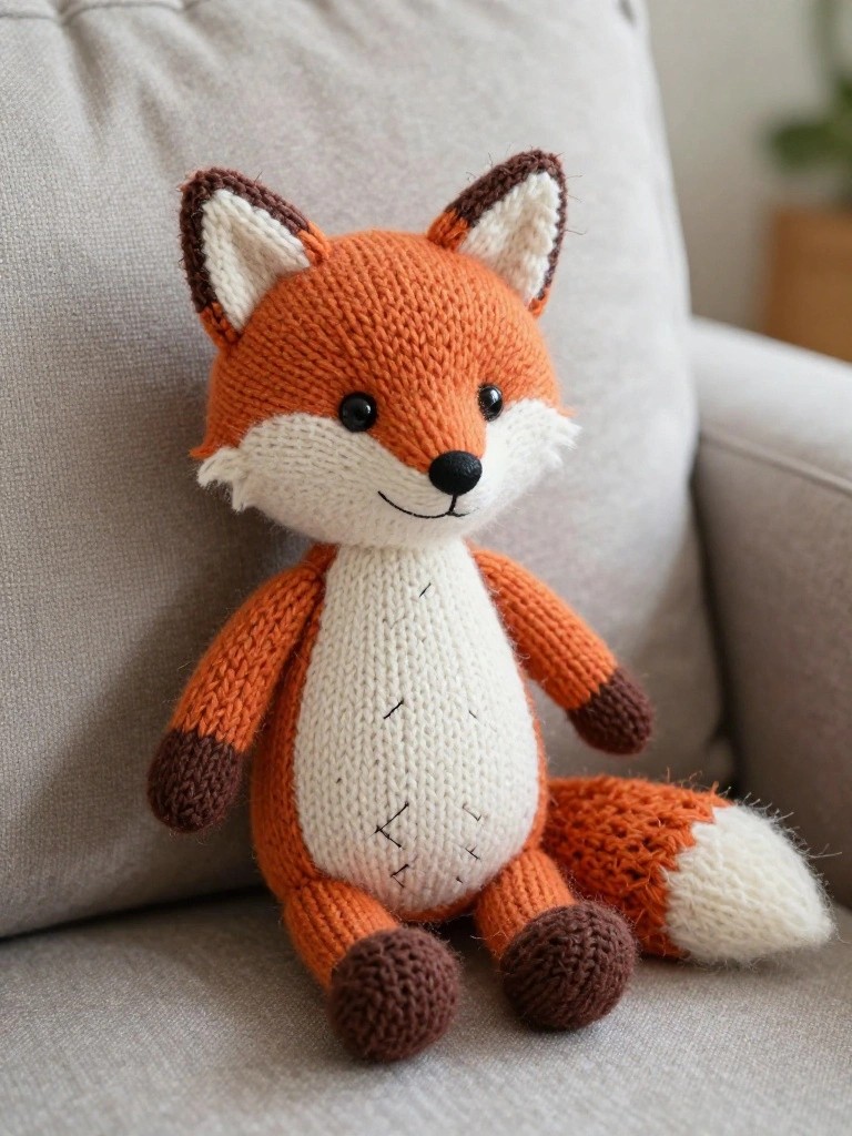 A knitted orange fox plush toy with white belly, brown paws, and white tail tip sits on a light gray couch.
