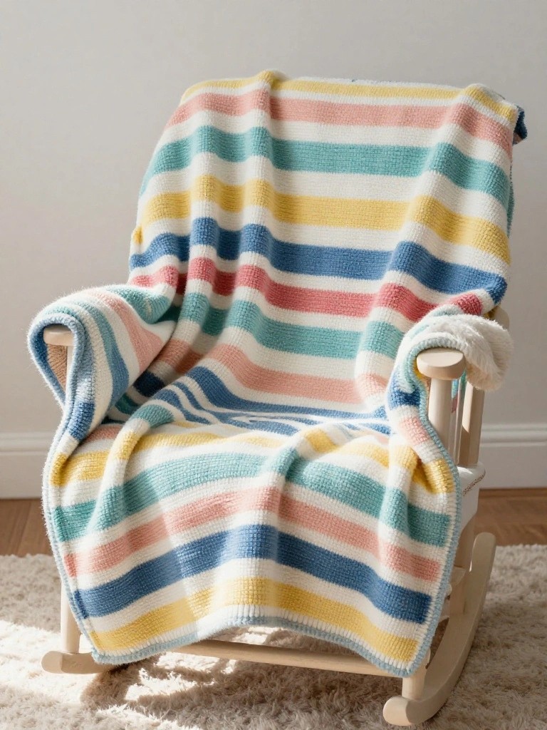 A multicolored striped knitted blanket in pastel shades draped over a wooden rocking chair on a rug.