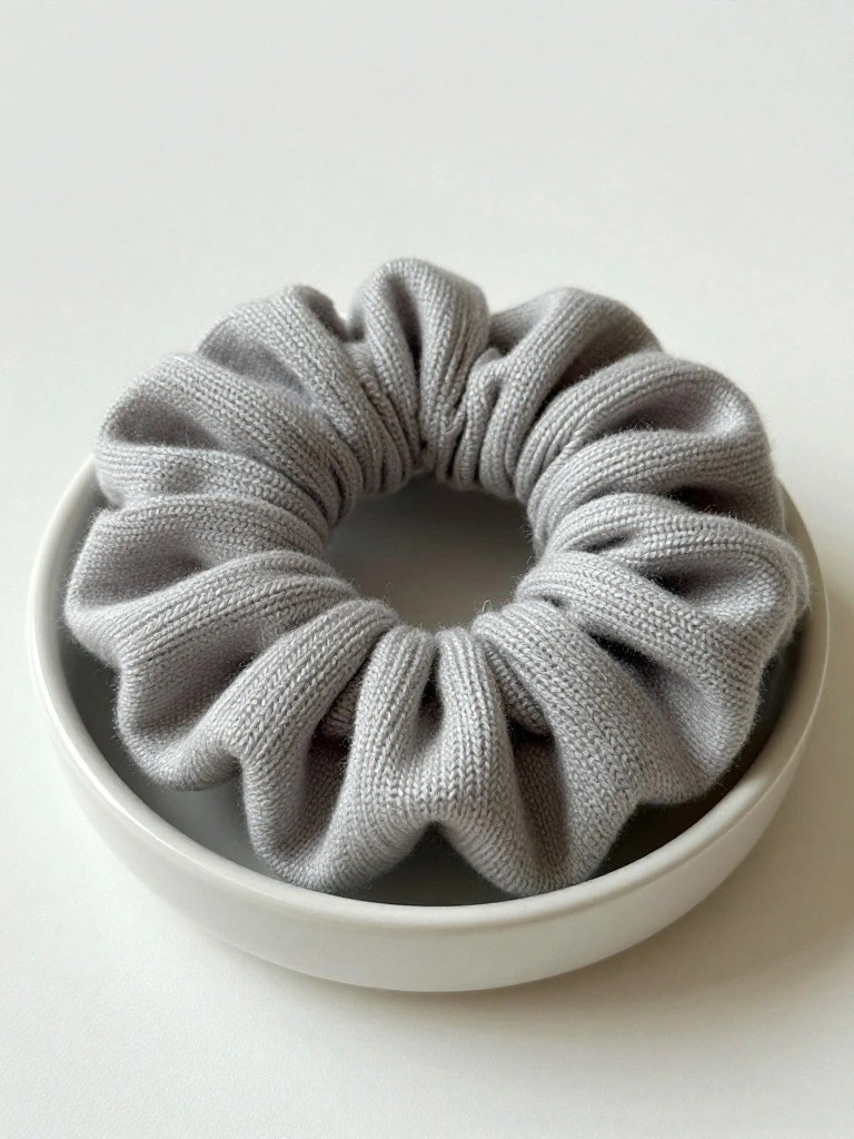A gray ribbed knit scrunchie with gathered folds sits in a white bowl.