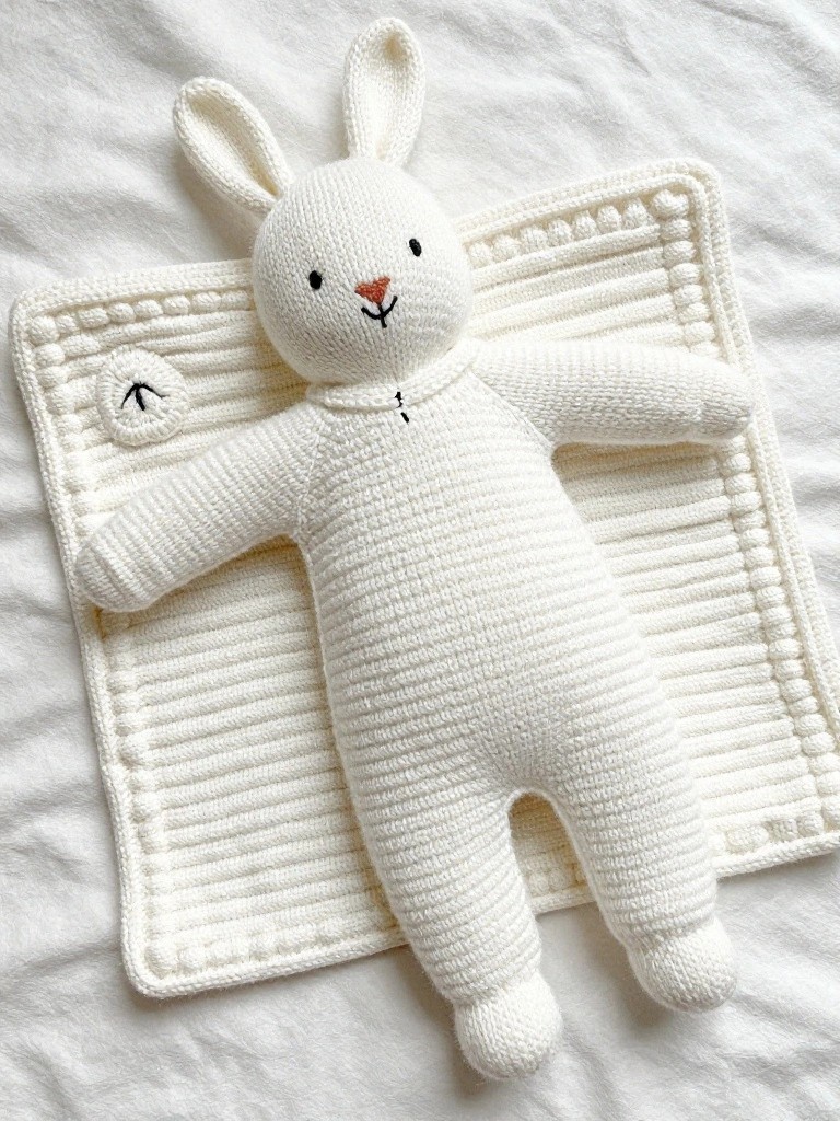 White knitted bunny plush with floppy ears and embroidered face lying flat on a matching white knitted blanket square with scalloped edges.