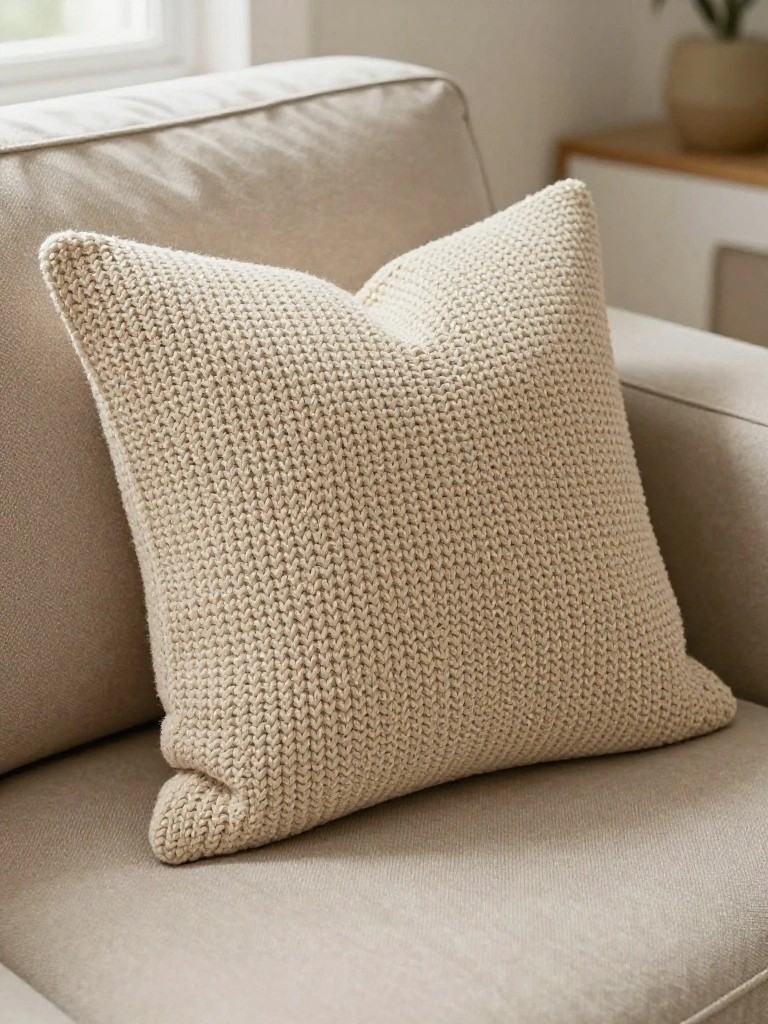 A cream-colored square pillow with chunky textured knit sits on a light-colored sofa.