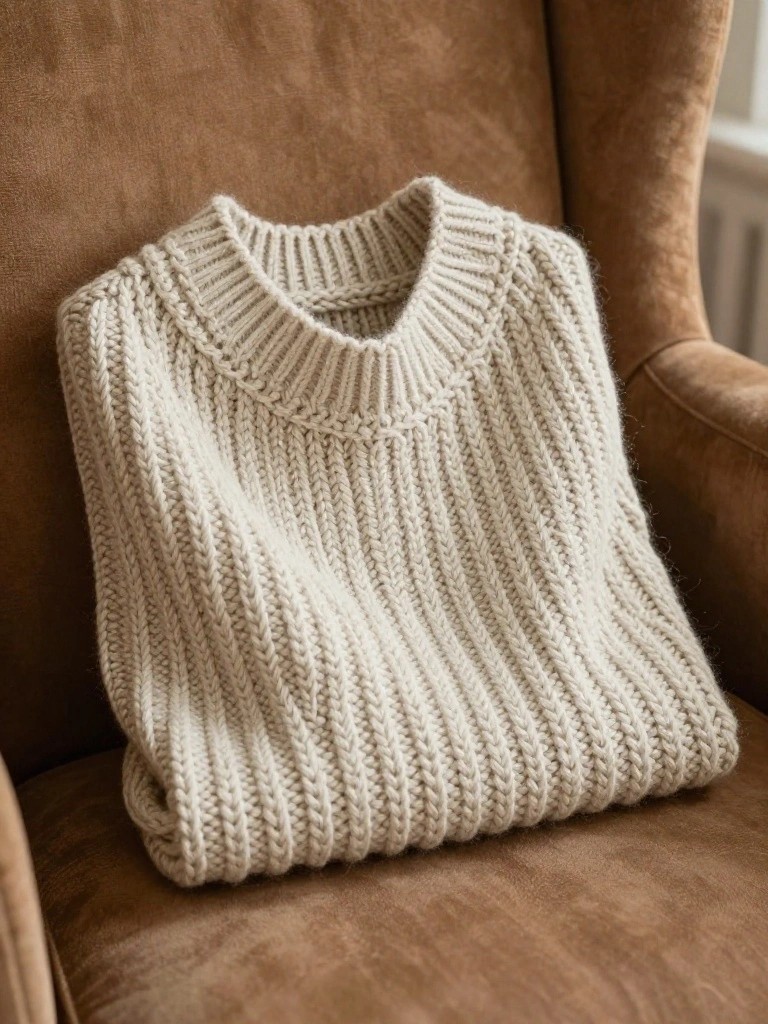 A cream-colored chunky knit turtleneck sweater draped over a brown armchair.