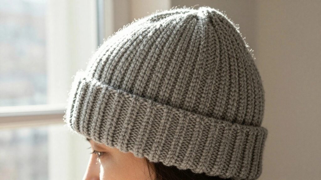 Side view of a woman with long dark hair wearing a light gray ribbed knitted beanie hat indoors by a window.
