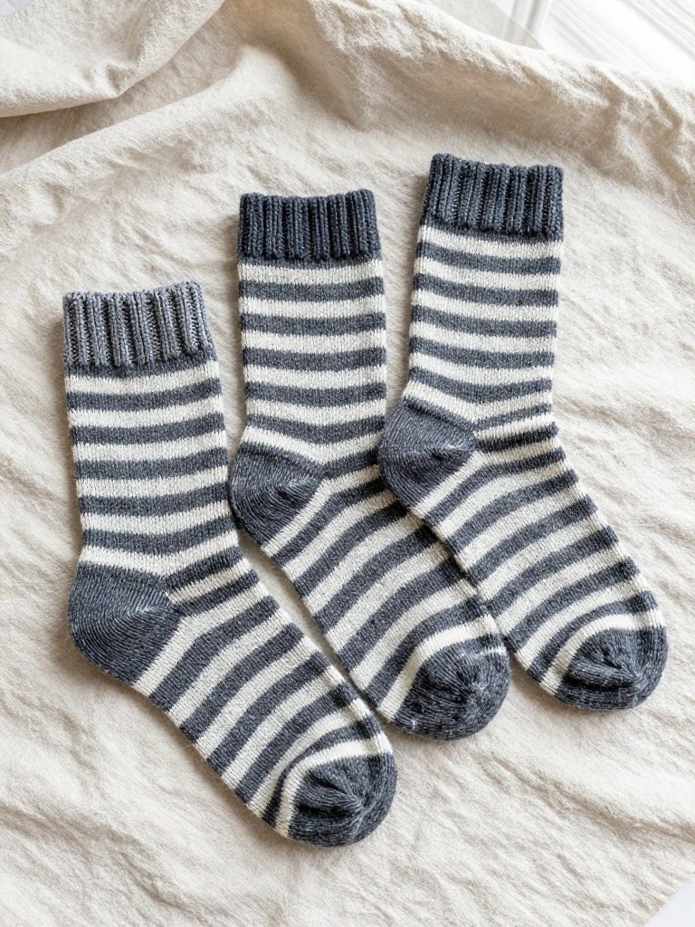 Three knitted gray and white horizontally striped crew socks with dark gray ribbed cuffs on beige fabric.