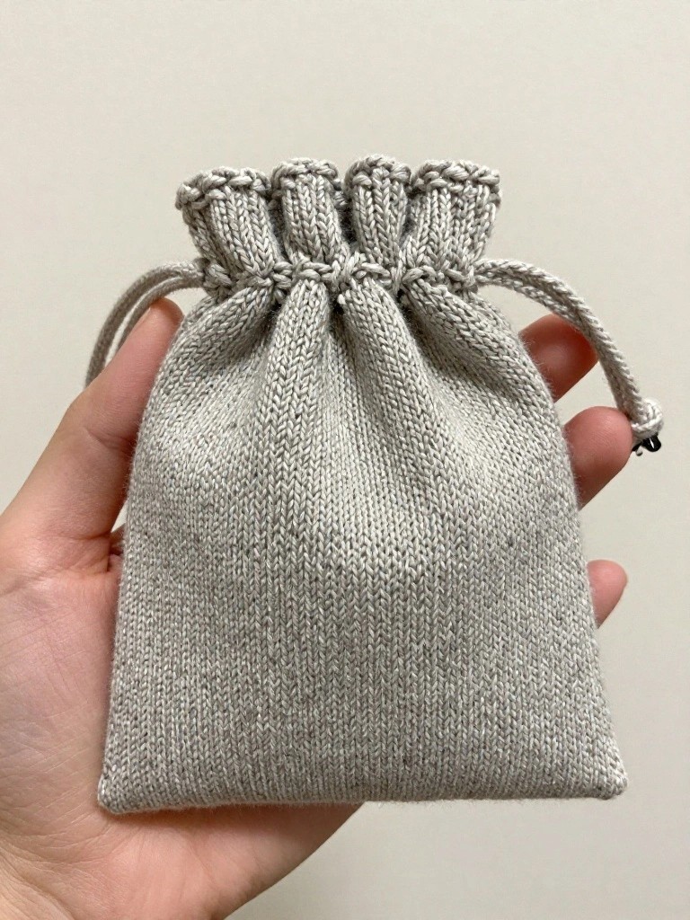 A hand holds a small light gray knitted drawstring pouch with cords pulled to gather the top.
