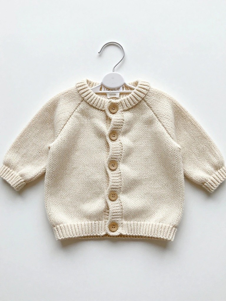 Cream-colored knitted baby cardigan with wooden buttons down the front, ribbed edges, and long sleeves, hanging on a white hanger.