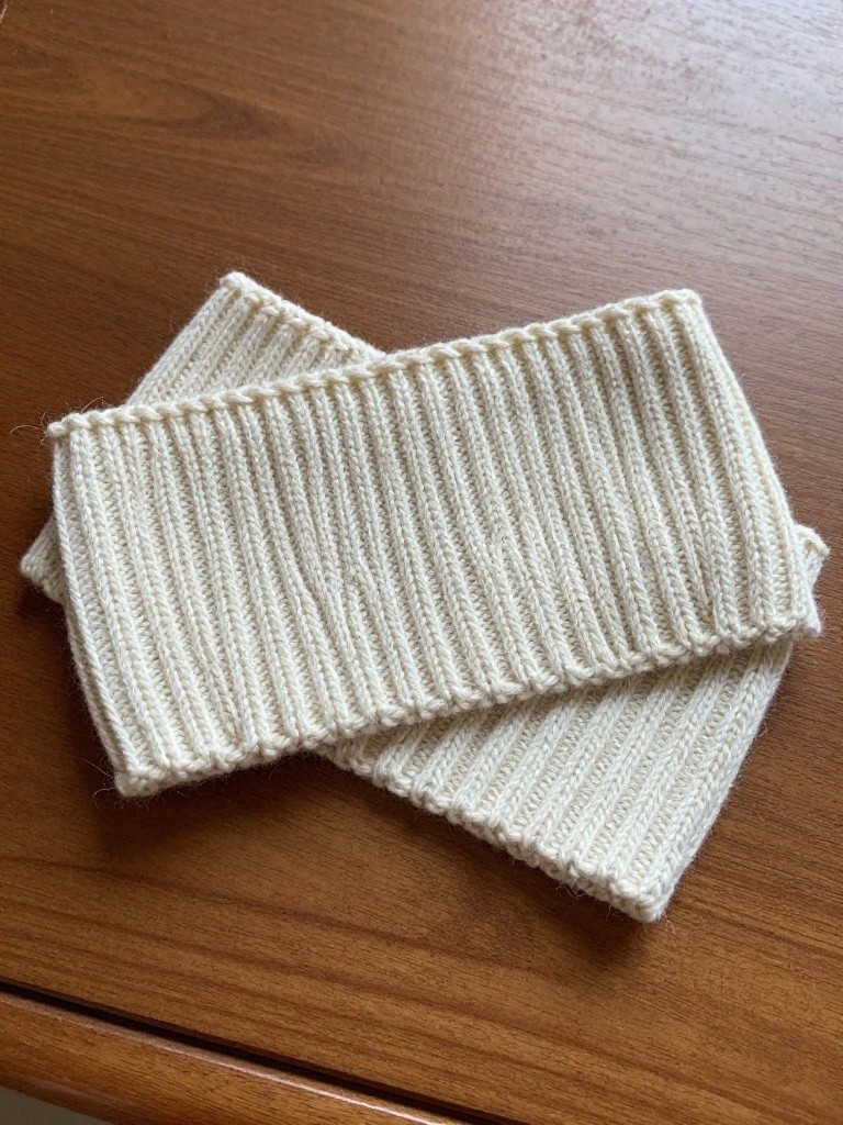 Two cream-colored ribbed knitted bands stacked on a wooden table.
