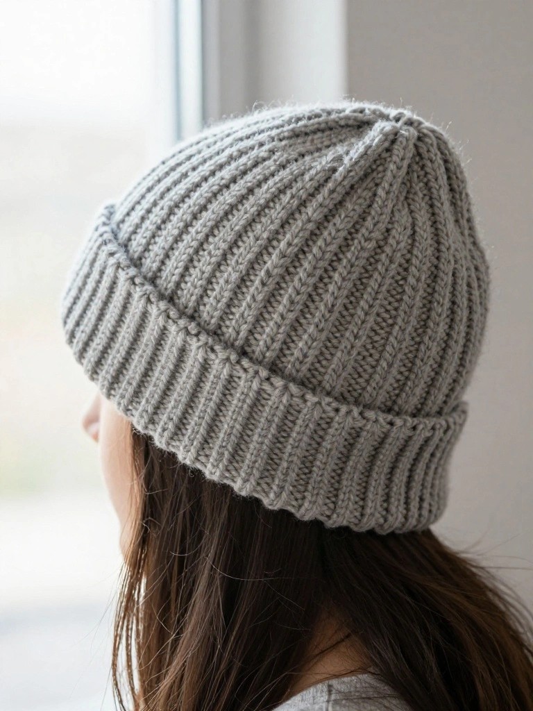 Side view of a woman with long dark hair wearing a light gray ribbed knitted beanie hat indoors by a window.