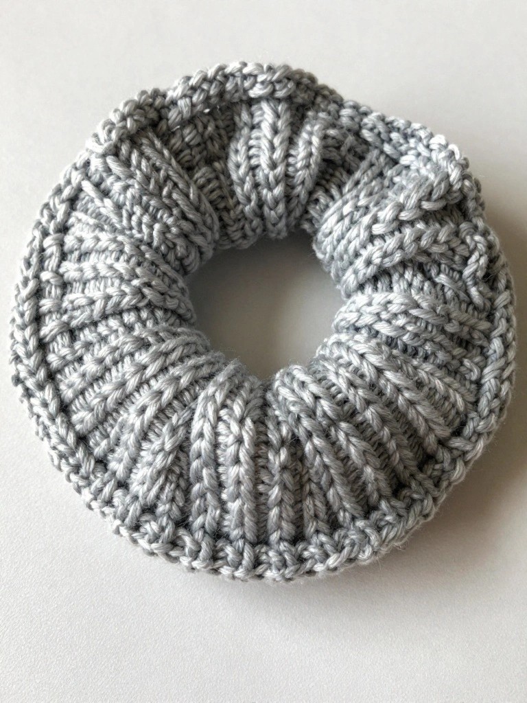 Gray knitted scrunchie with ribbed texture forming a thick circular band and central hole.