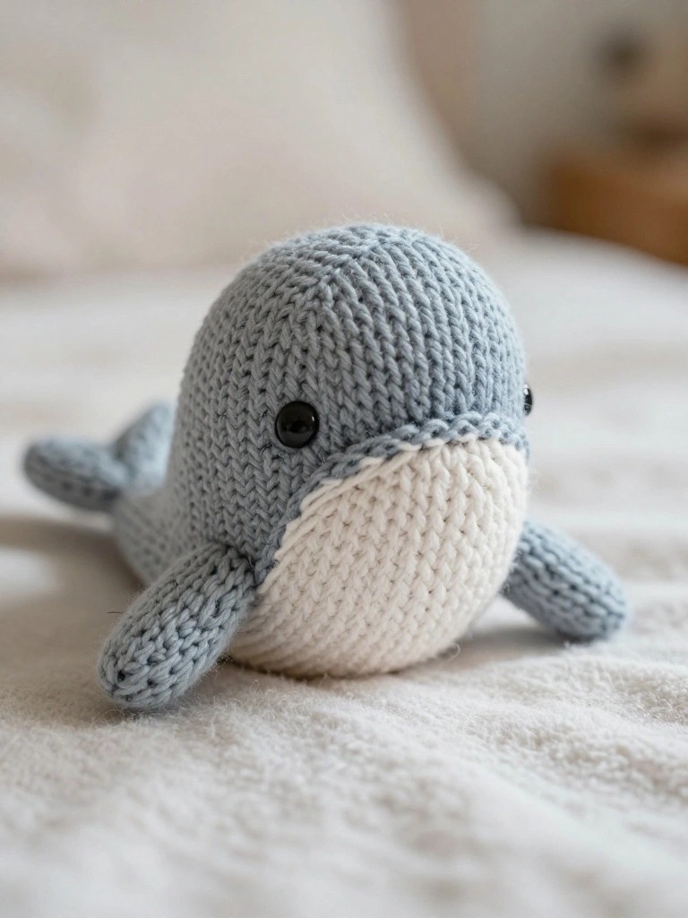 A small gray knitted whale plush toy with white belly and black eyes lying on a white bed.