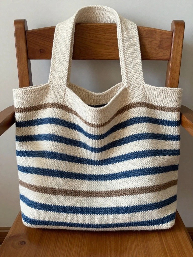 A cream, navy, and tan striped knitted tote bag with wide handles draped over a wooden chair.