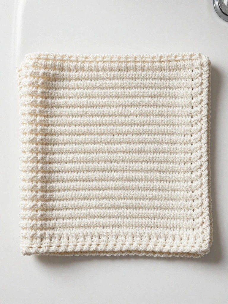 A square off-white knitted washcloth with horizontal knit-stitch ridges and a bordered edge sits on a white surface.